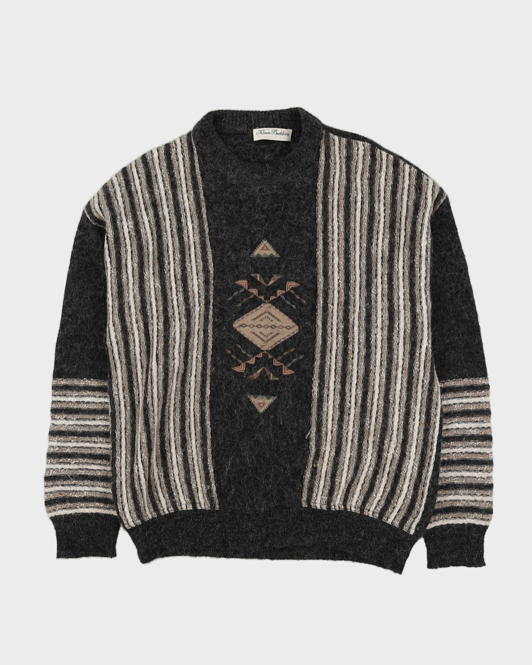00s Grey Patterned Knitted Jumper - L