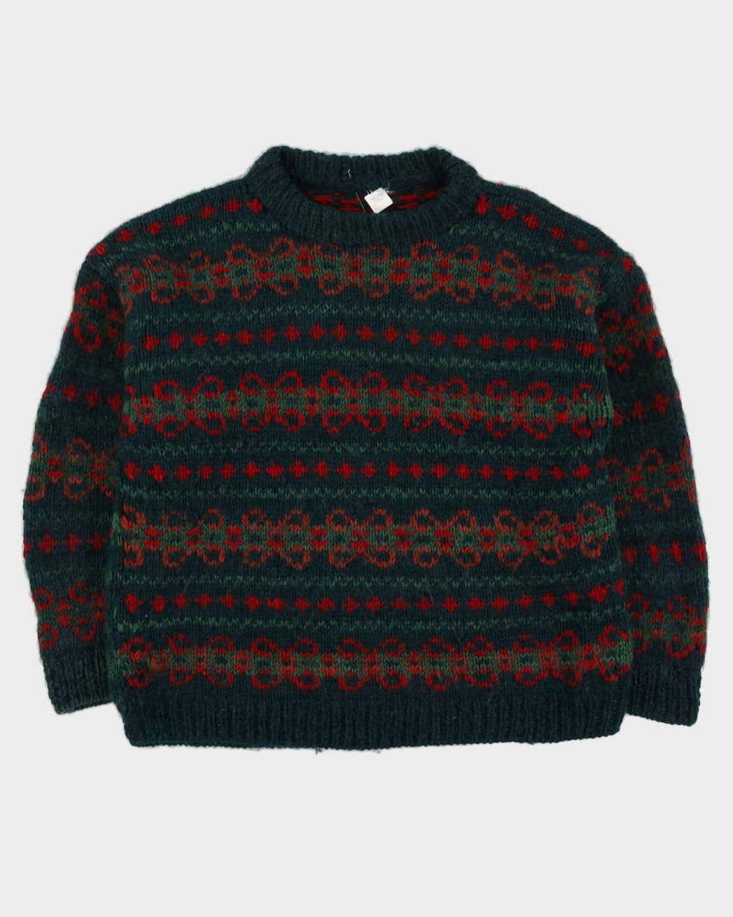 Green Patterned Chunky Knitted Jumper - M