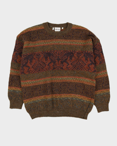 Green And Orange Patterned Knitted Jumper - L