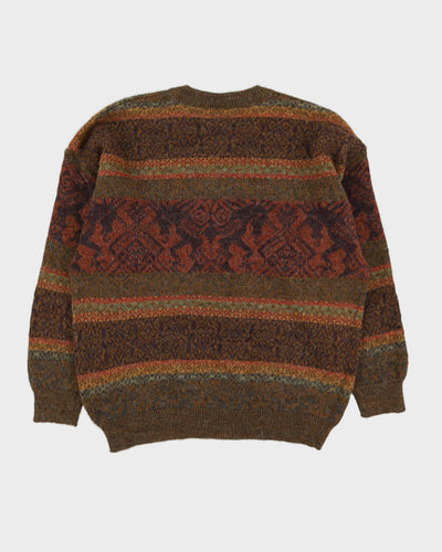 Green And Orange Patterned Knitted Jumper - L