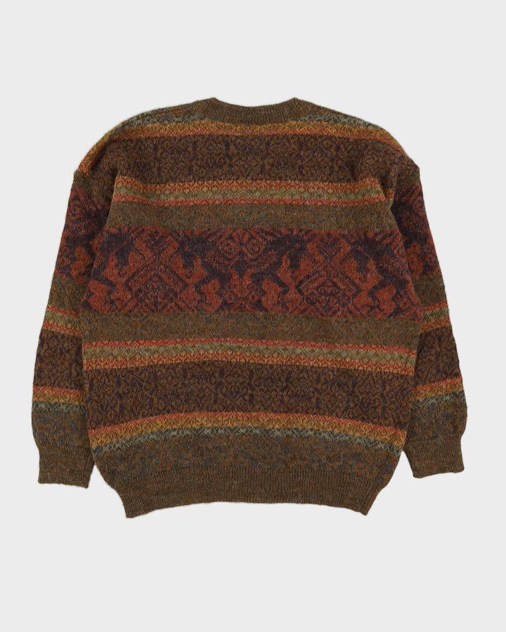Green And Orange Patterned Knitted Jumper - L