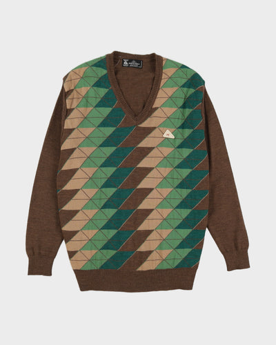 Green And Brown Patterned Knitted Jumper - M