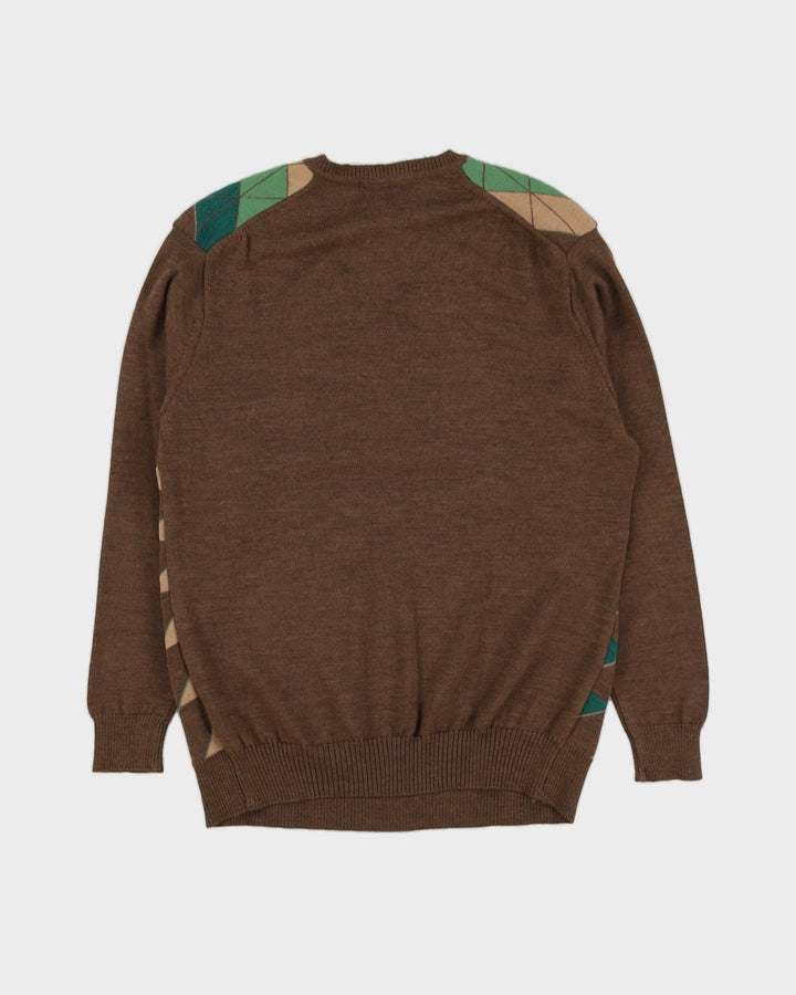 Green And Brown Patterned Knitted Jumper - M
