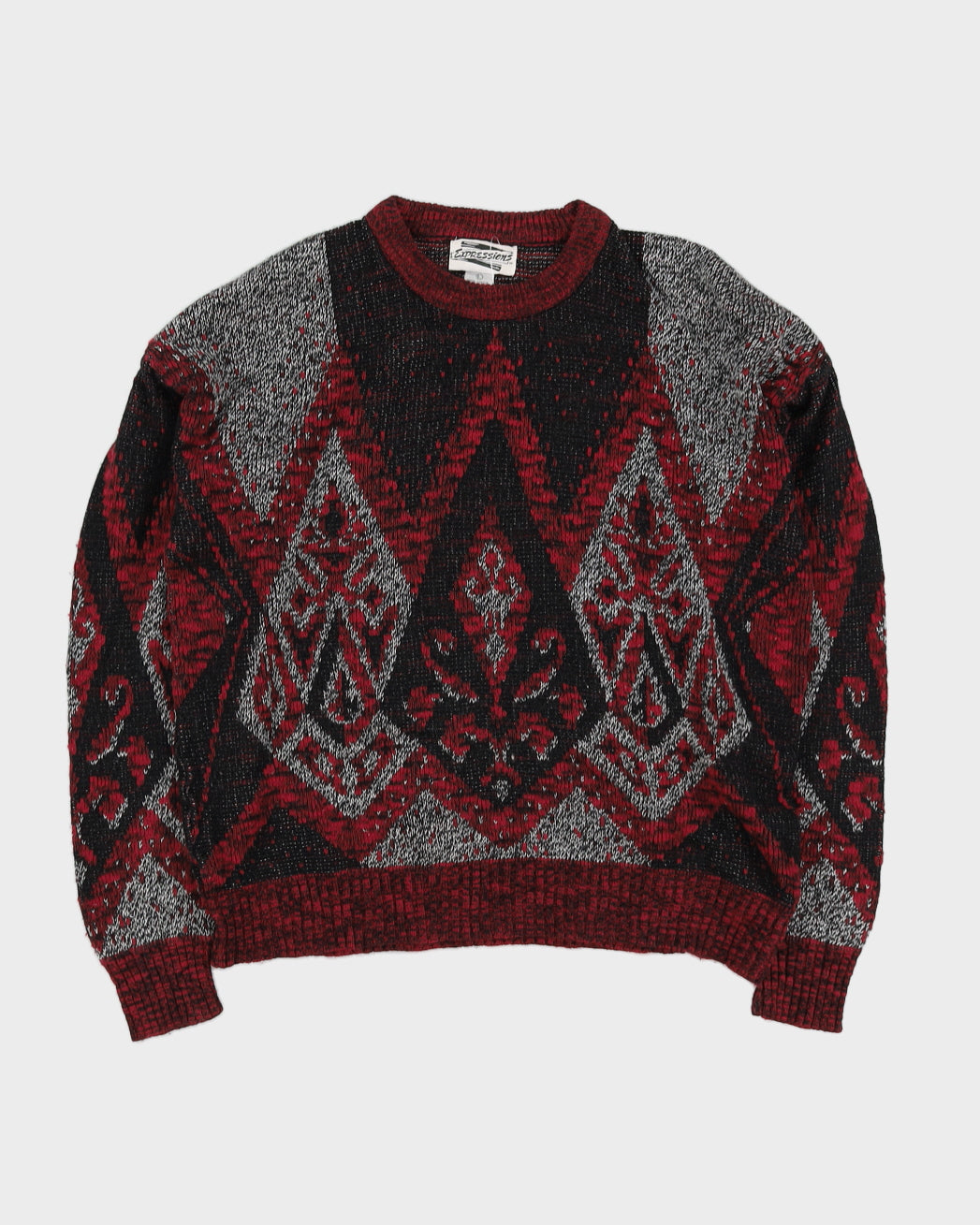Burgundy And Black Patterned Knitted Jumper - L