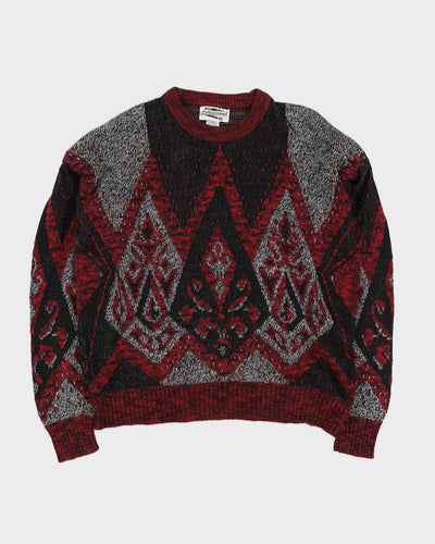 Burgundy And Black Patterned Knitted Jumper - L
