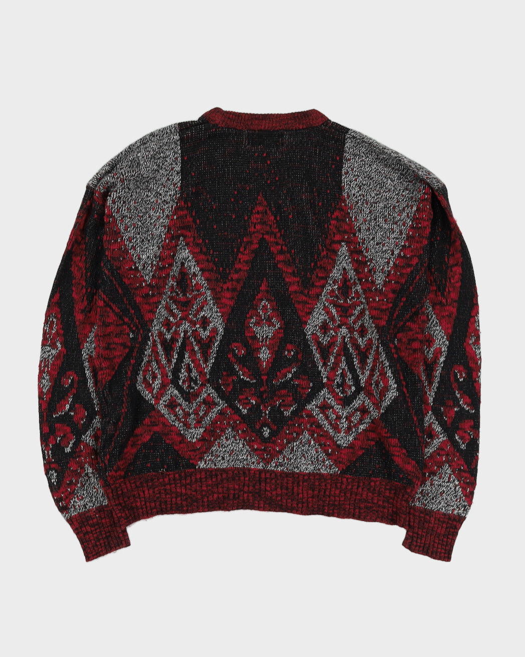 Burgundy And Black Patterned Knitted Jumper - L