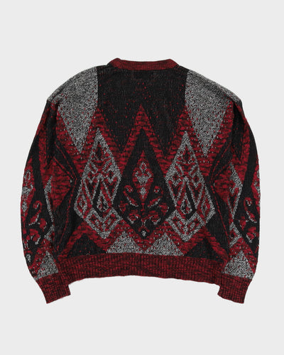 Burgundy And Black Patterned Knitted Jumper - L