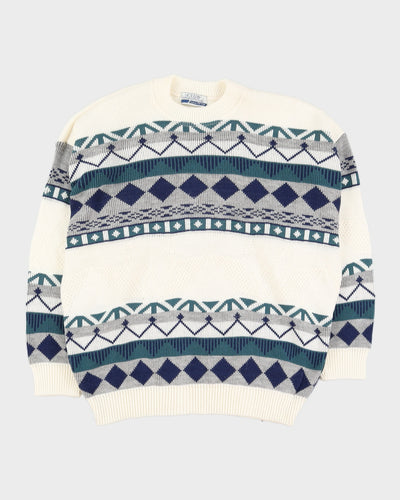 Cream With Blue Pattern Knitted Jumper - XXL