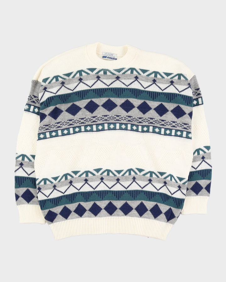 Cream With Blue Pattern Knitted Jumper - XXL
