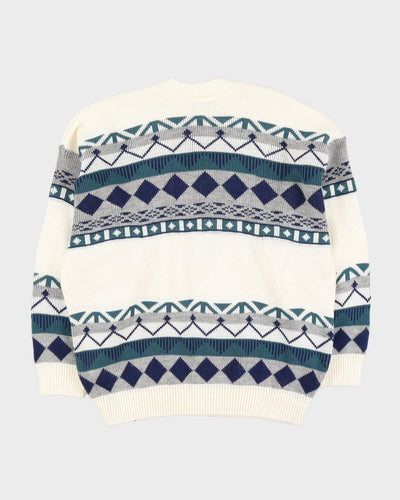 Cream With Blue Pattern Knitted Jumper - XXL