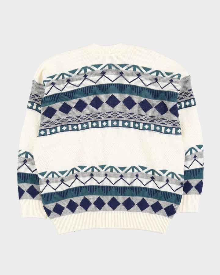 Cream With Blue Pattern Knitted Jumper - XXL