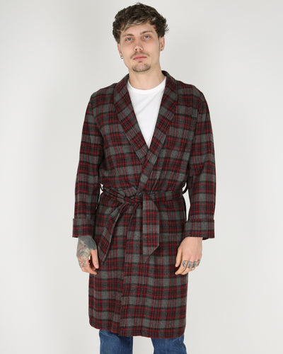 Vintage grey and maroon checked dressing gown - S