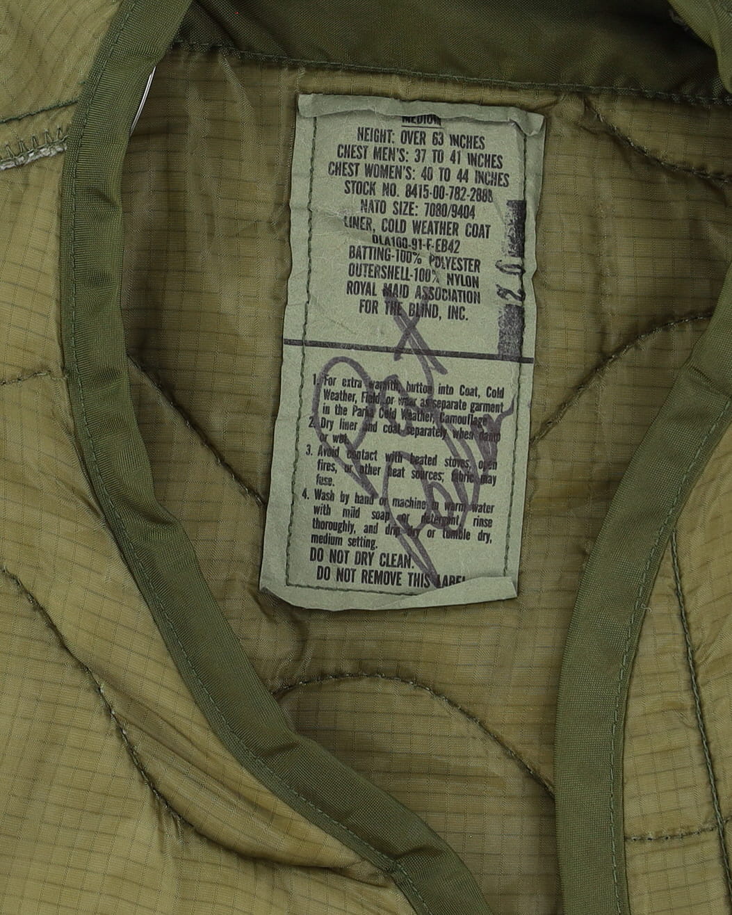 1991 Dated OG-107 M65 Field Jacket Quilted Liner - Medium