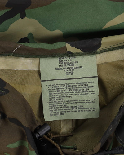 1990s US Army Woodland Camo ECWCS Waterproof Trousers - 44x30
