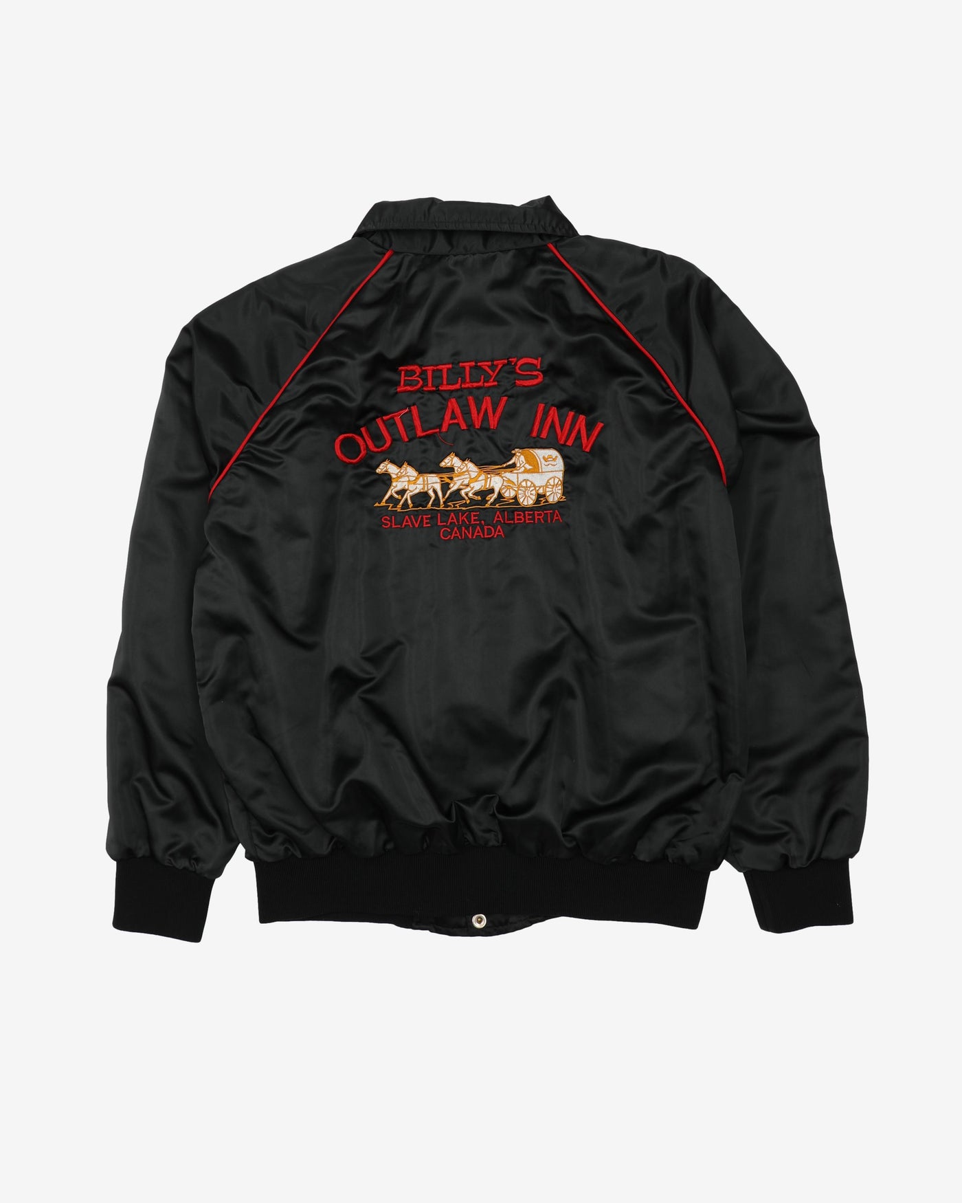 80s Billy's Outlaw Inn Alberta Sportswear Black Satin Bomber / Baseball Jacket - XL