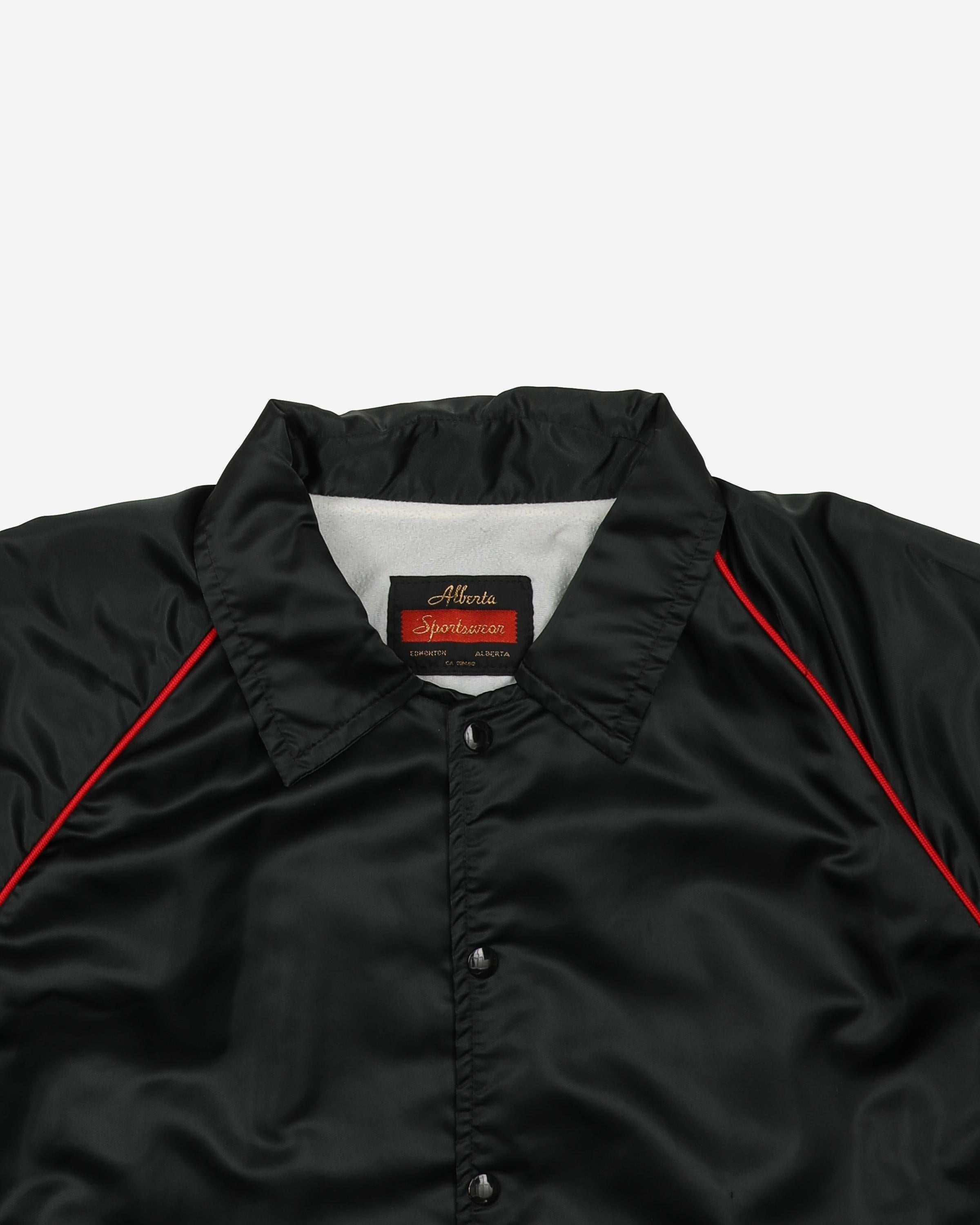 80s Billy's Outlaw Inn Alberta Sportswear Black Satin Bomber / Baseball Jacket - XL