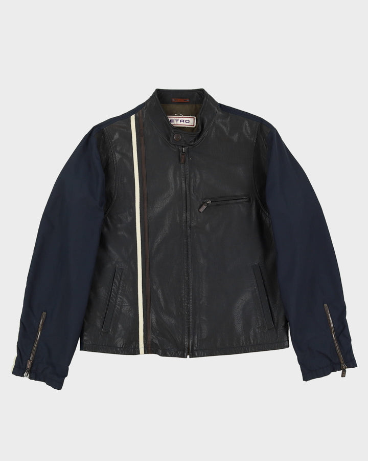 90s ETRO Black / Navy Leather Jacket - L