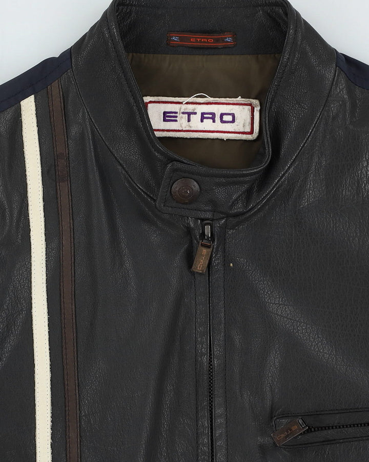90s ETRO Black / Navy Leather Jacket - L