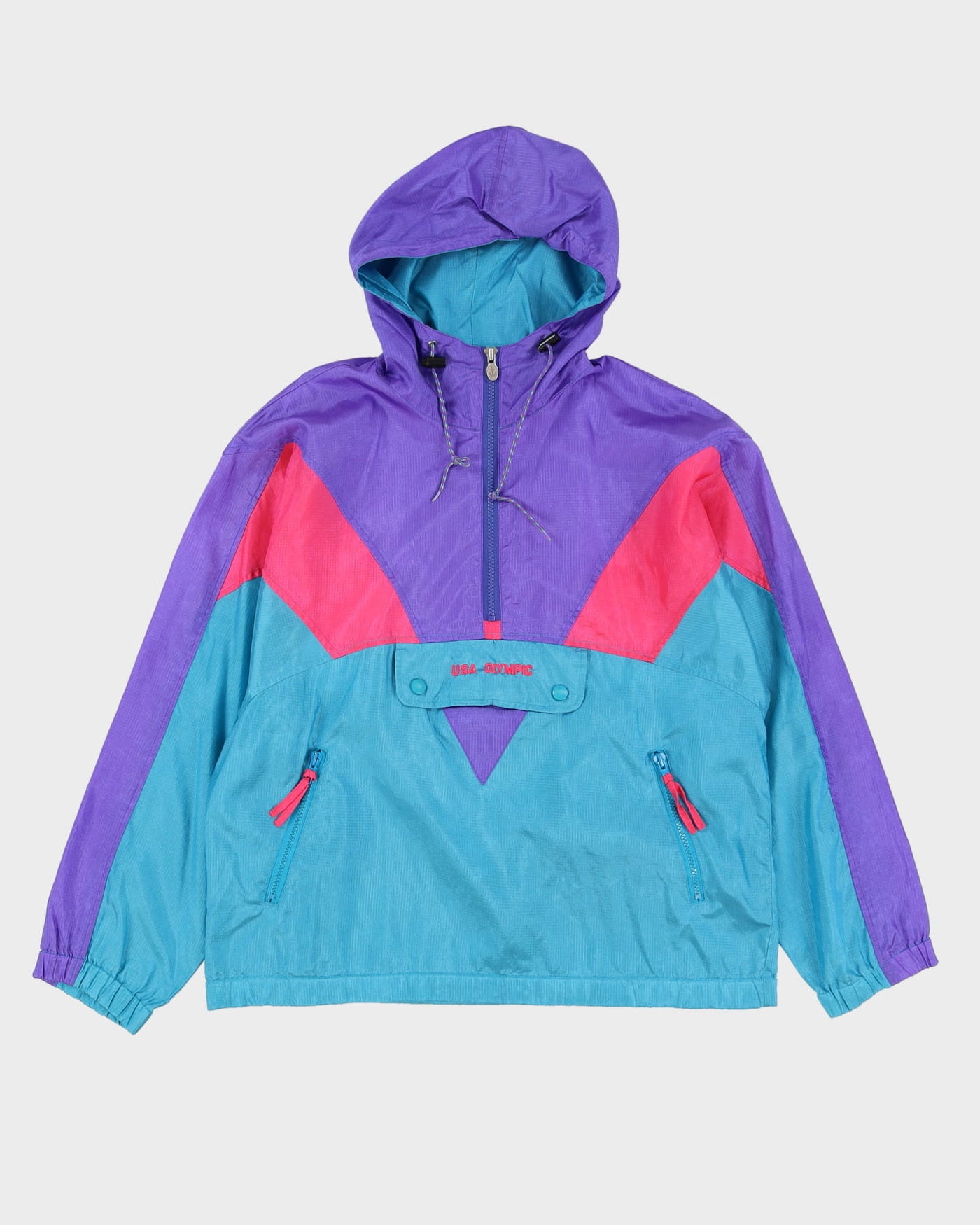 90s USA Olympics Turquoise / Purple / Pink Hooded Windbreaker Jacket - M