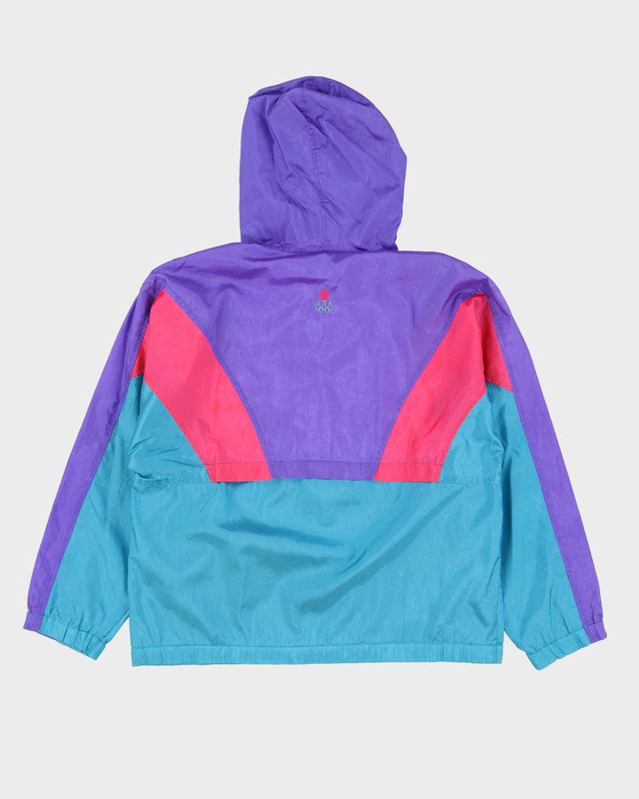 90s USA Olympics Turquoise / Purple / Pink Hooded Windbreaker Jacket - M
