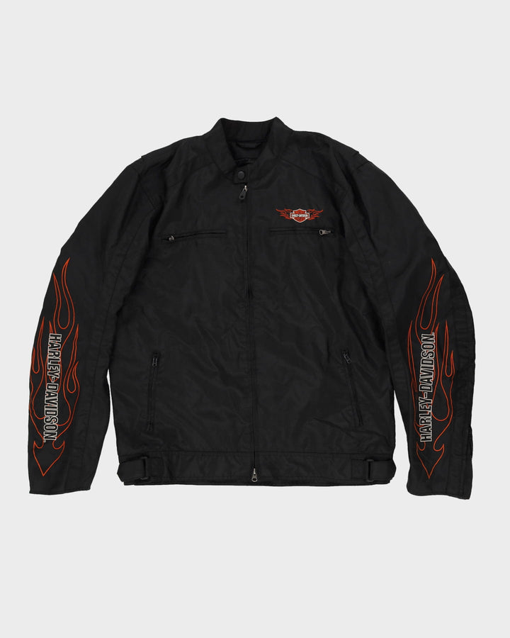 90s Harley Davidson Black Flame Design Tall Biker Jacket - XL