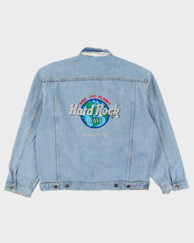 Vintage 90s Hard Rock Cafe Save The Planet Embroidered Logo Blue Denim Jacket - L