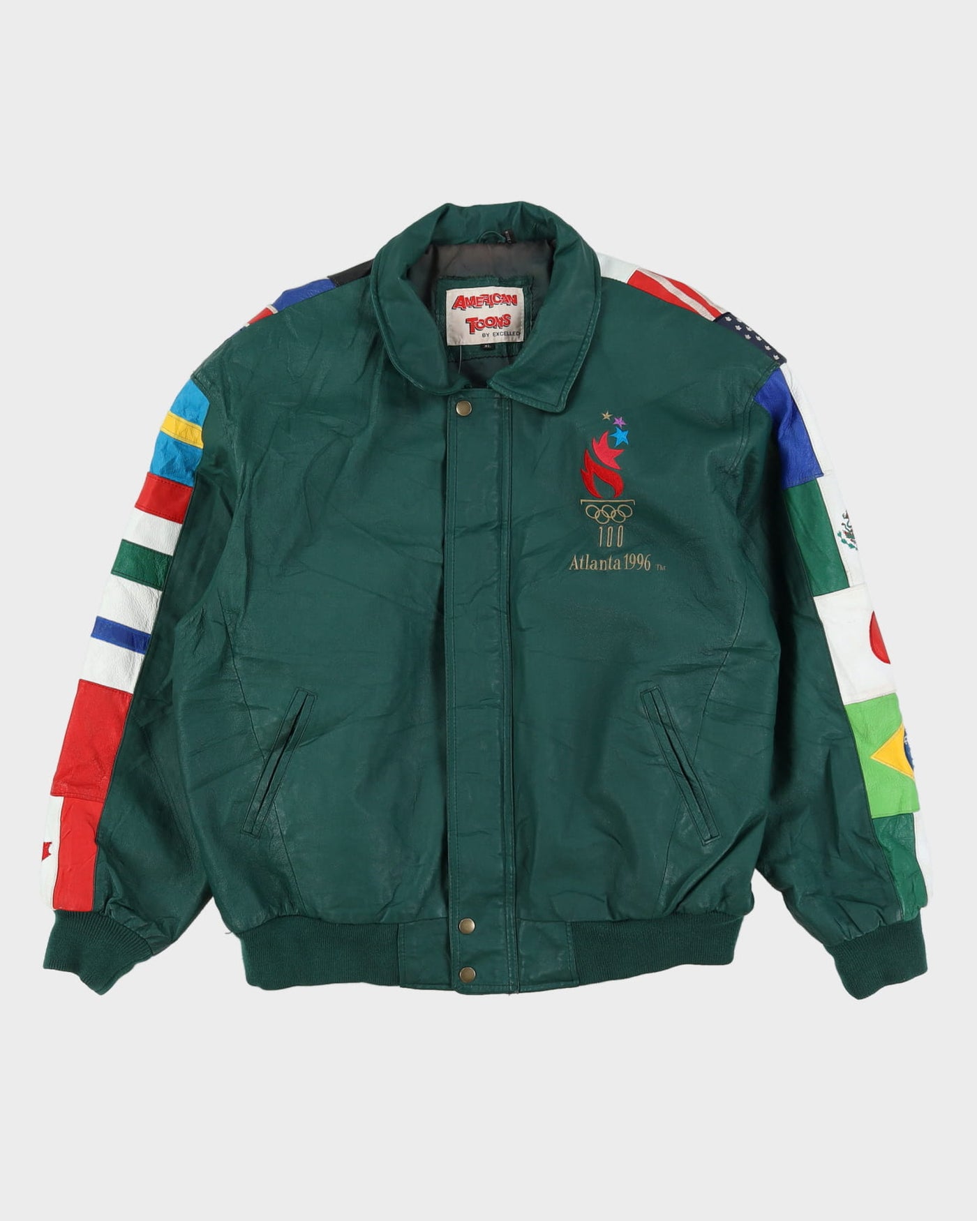 Vintage 1996 Atlanta Olympics Green American Toons Leather Jacket - XL