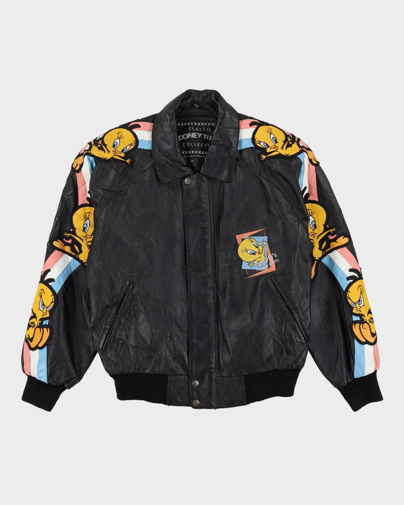 2003 Tweety's Dance Class Looney Tunes Black Leather Jacket - M