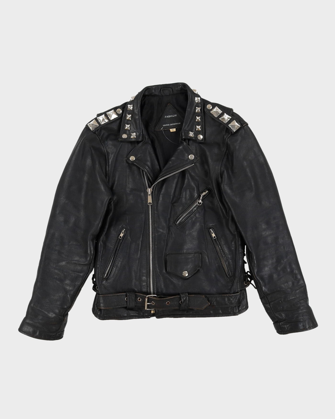 Vintage 90s Black Studded Leather Biker Jacket - S