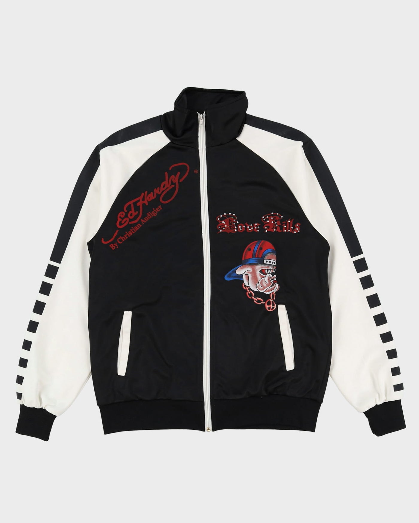 00s Y2K Ed Hardy Black / White Joker Playing Card Devil Design Track Jacket - XL
