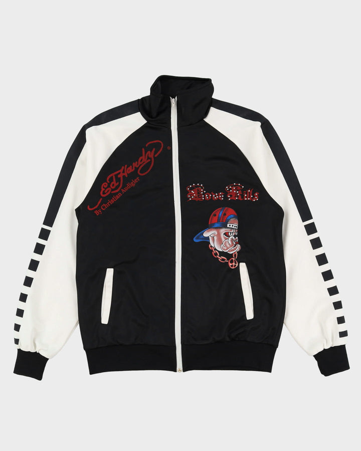 00s Y2K Ed Hardy Black / White Joker Playing Card Devil Design Track Jacket - XL