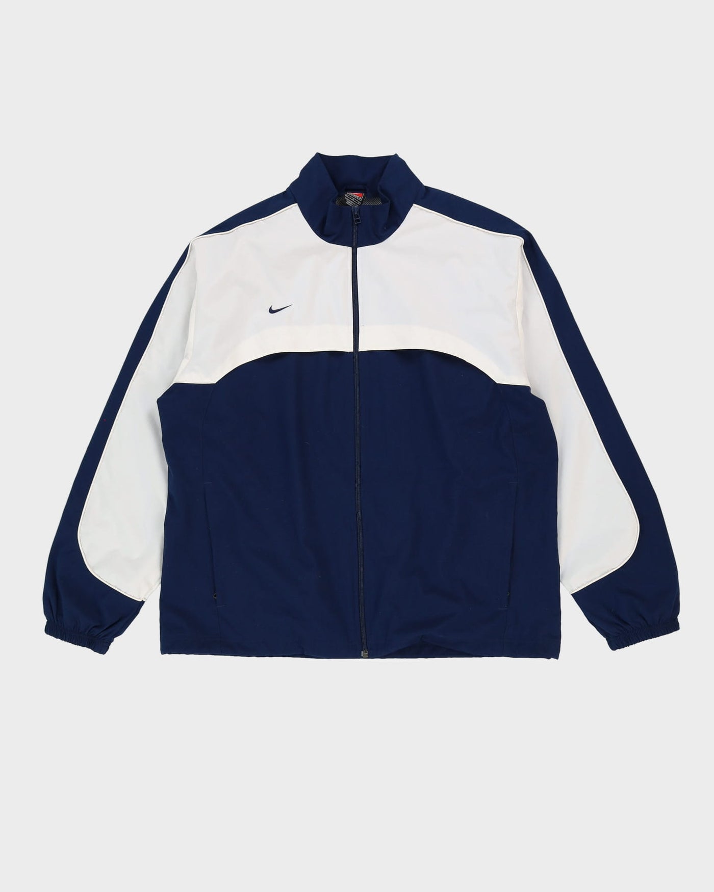 Vintage Nike marineblå/hvid oversized vindjakke med lynlås - – Rokit