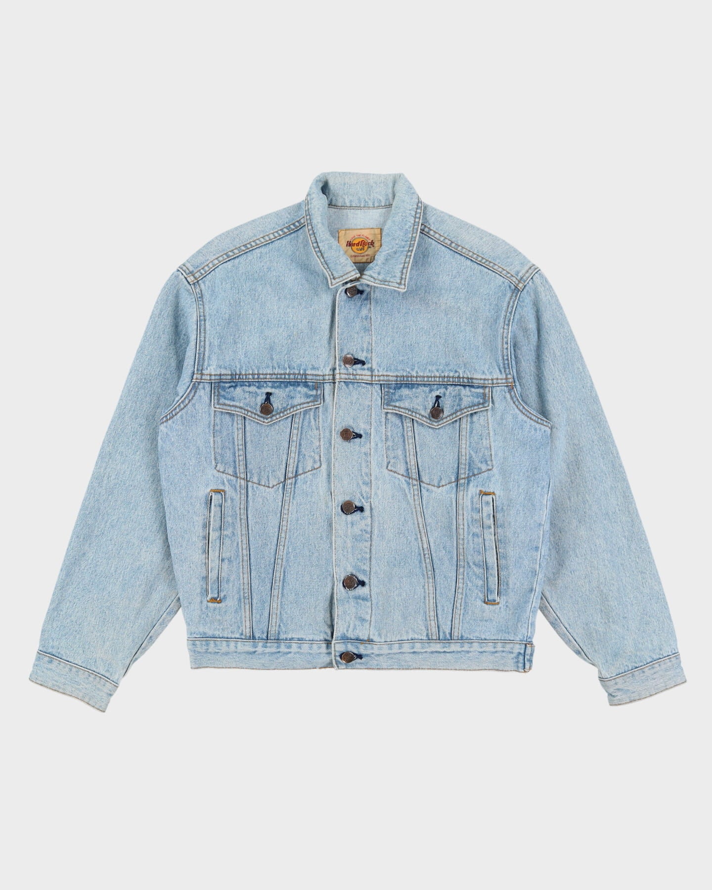 Vintage 90s Hard Rock Cafe Save The Planet Blue Embroidered Back Design Denim Jacket - S / M