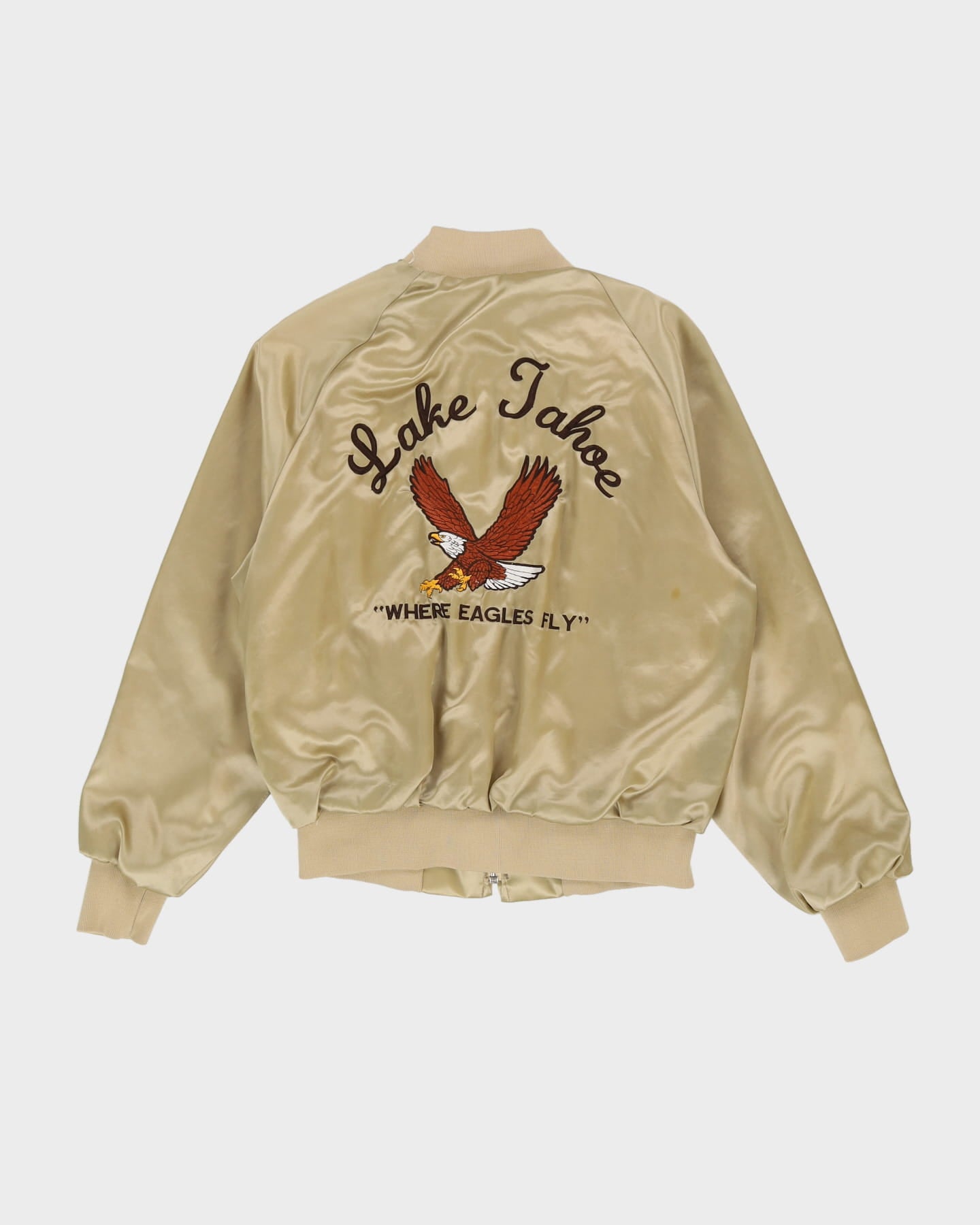 Vintage 80s Lake Tahoe Gold Satin Bomber Jacket - M