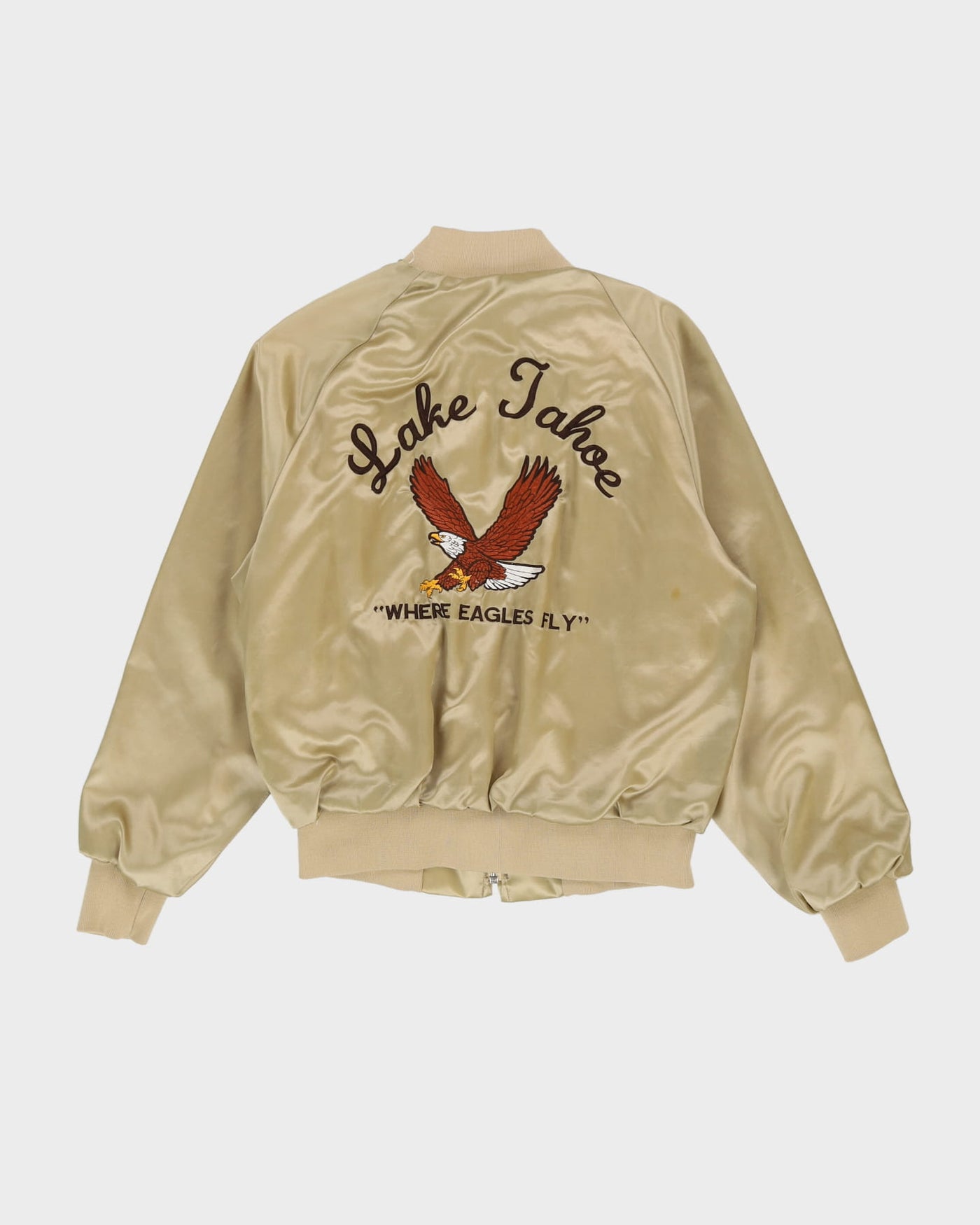Vintage 80s Lake Tahoe Gold Satin Bomber Jacket - M