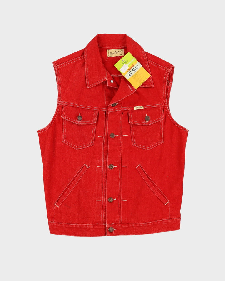 Vintage 70s Spitfire Deadstock With Tags Red Sleeveless Denim Jacket - M