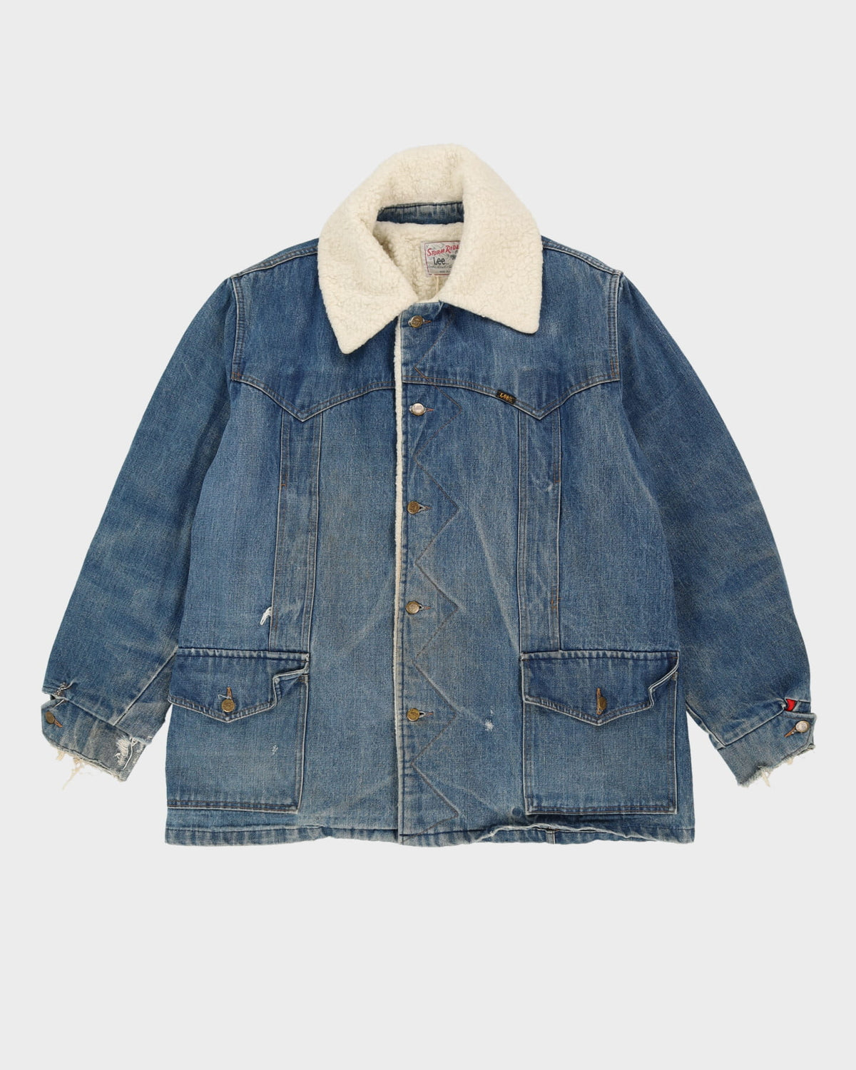 Vintage 70s LEE Storm Rider Fleece Lined Blue Long Fit Denim Jacket - XL