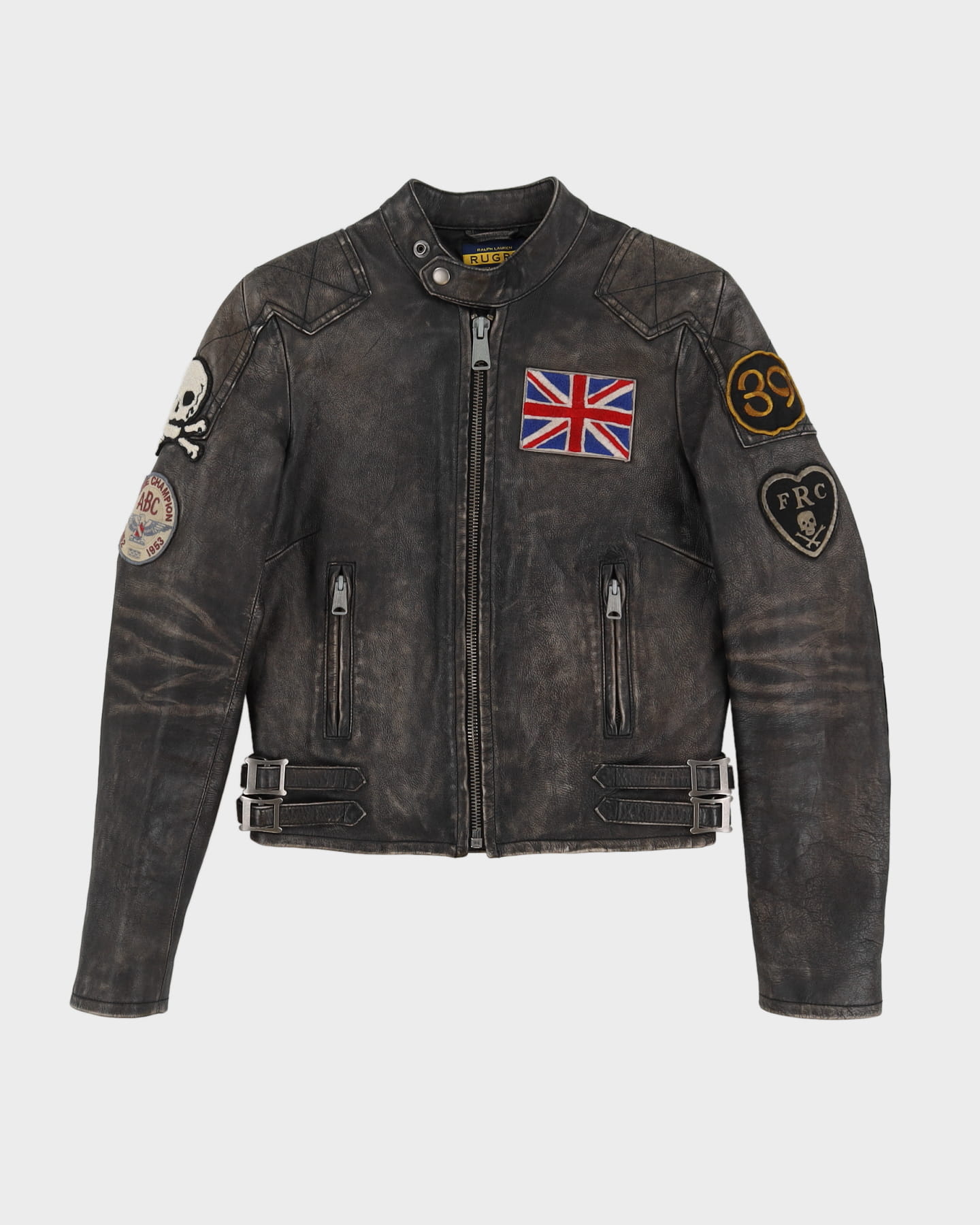 00s Ralph Lauren Rugby Faded Black Leather Biker Jacket - XS