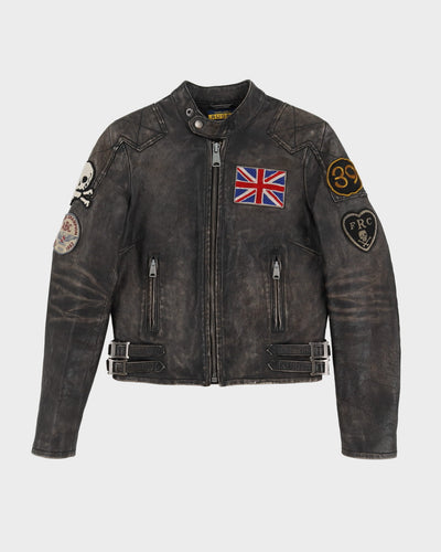 00s Ralph Lauren Rugby Faded Black Leather Biker Jacket - XS