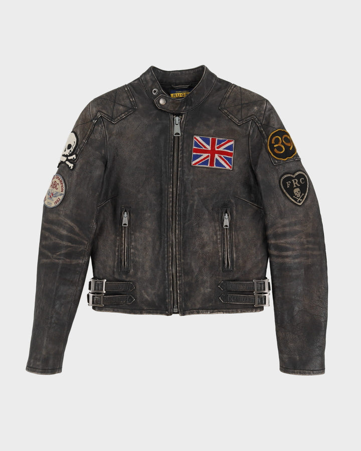 00s Ralph Lauren Rugby Faded Black Leather Biker Jacket - XS