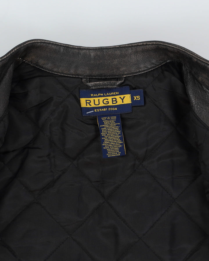 00s Ralph Lauren Rugby Faded Black Leather Biker Jacket - XS