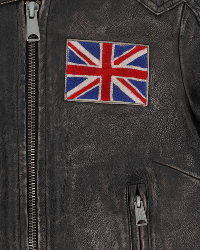 00s Ralph Lauren Rugby Faded Black Leather Biker Jacket - XS
