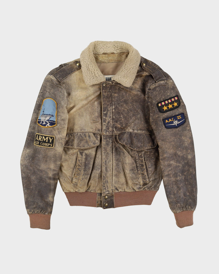 Vintage 80s Dual Control Faded Brown Leather Bomber Flight Jacket - S