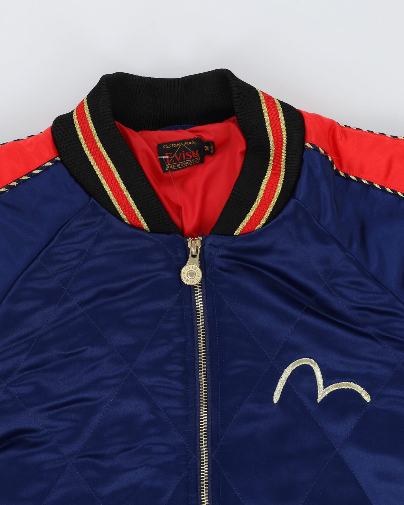 00s Y2K Evisu Navy / Red Satin Bomber Jacket - M