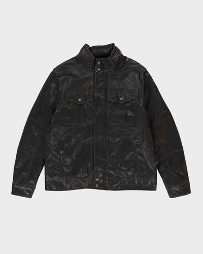 Brown Leather Fleece Lined Biker Jacket - L