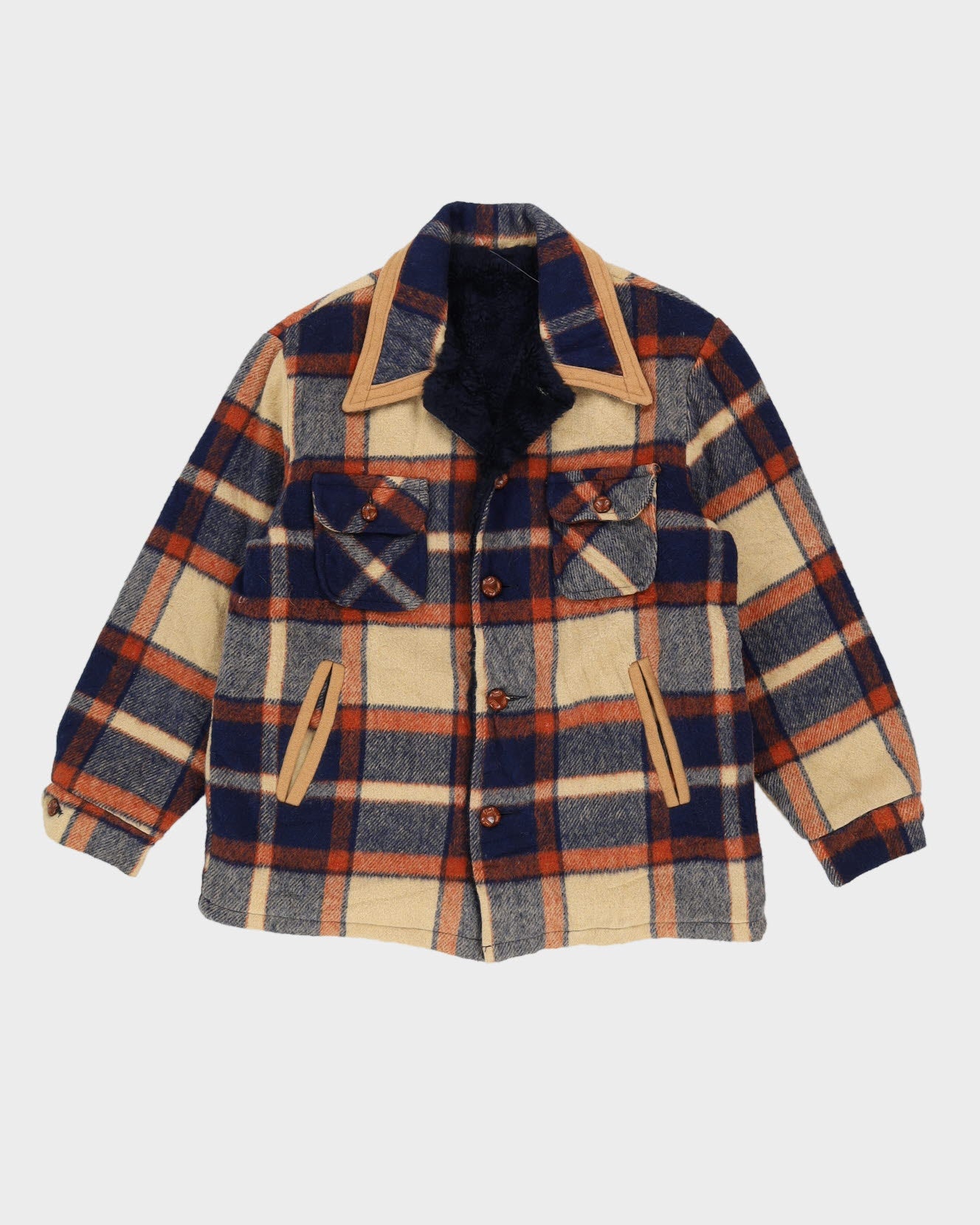 Vintage 1970s Blue Checked Fleece Lined Wool Jacket - S / M