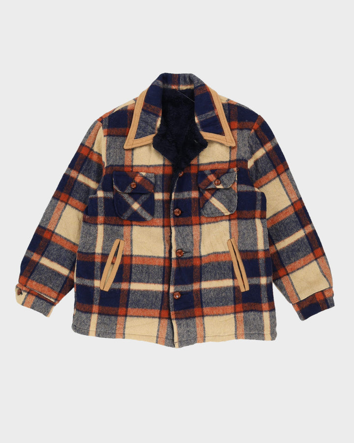 Vintage 1970s Blue Checked Fleece Lined Wool Jacket - S / M