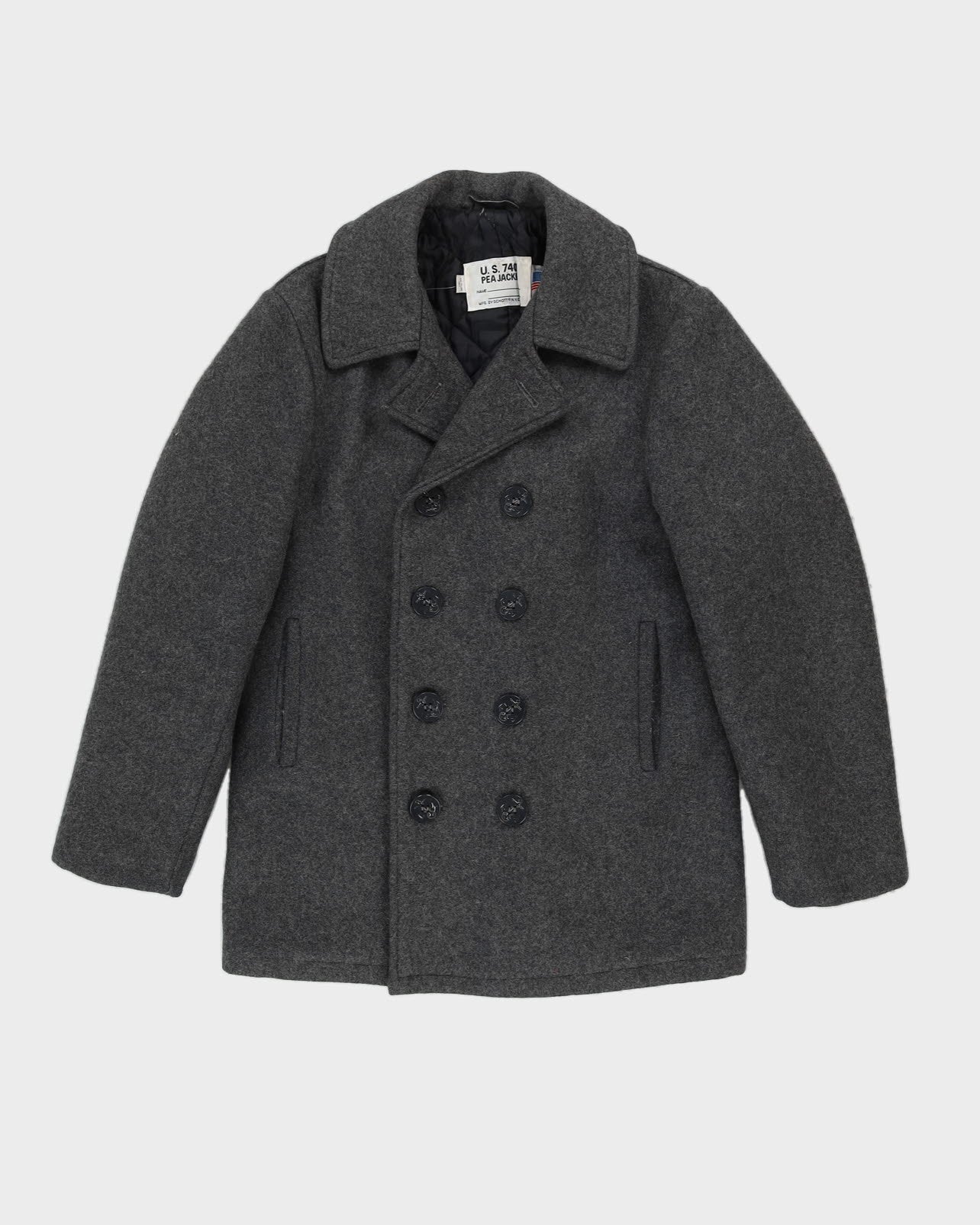 Vintage 90s Schott 740N Pea Coat Grey Anchor Wool Double Breast Trench - M