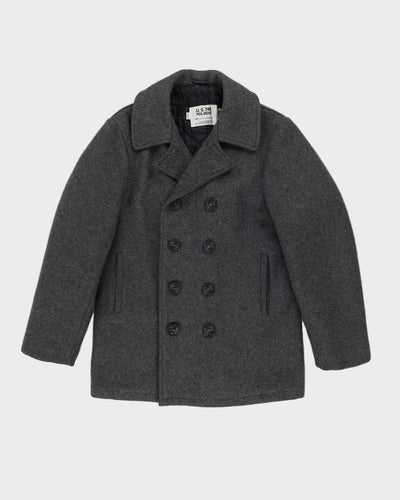 Vintage 90s Schott 740N Pea Coat Grey Anchor Wool Double Breast Trench - M