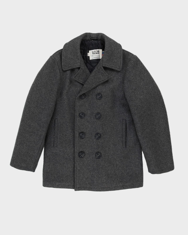 Vintage 90s Schott 740N Pea Coat Grey Anchor Wool Double Breast Trench - M